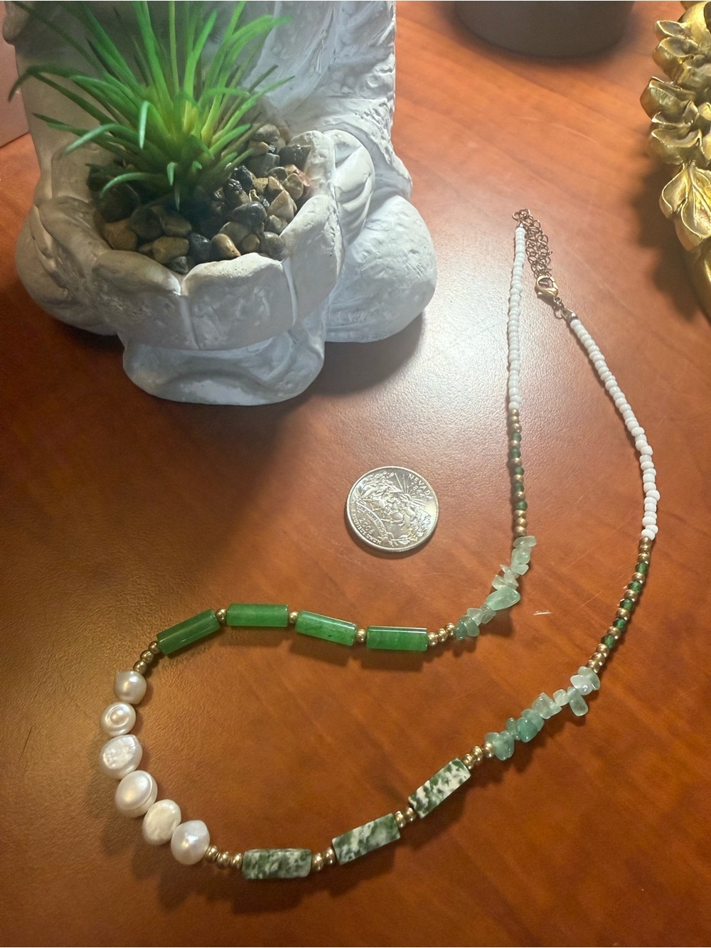 Handmade Green and White Beaded Women's Necklace